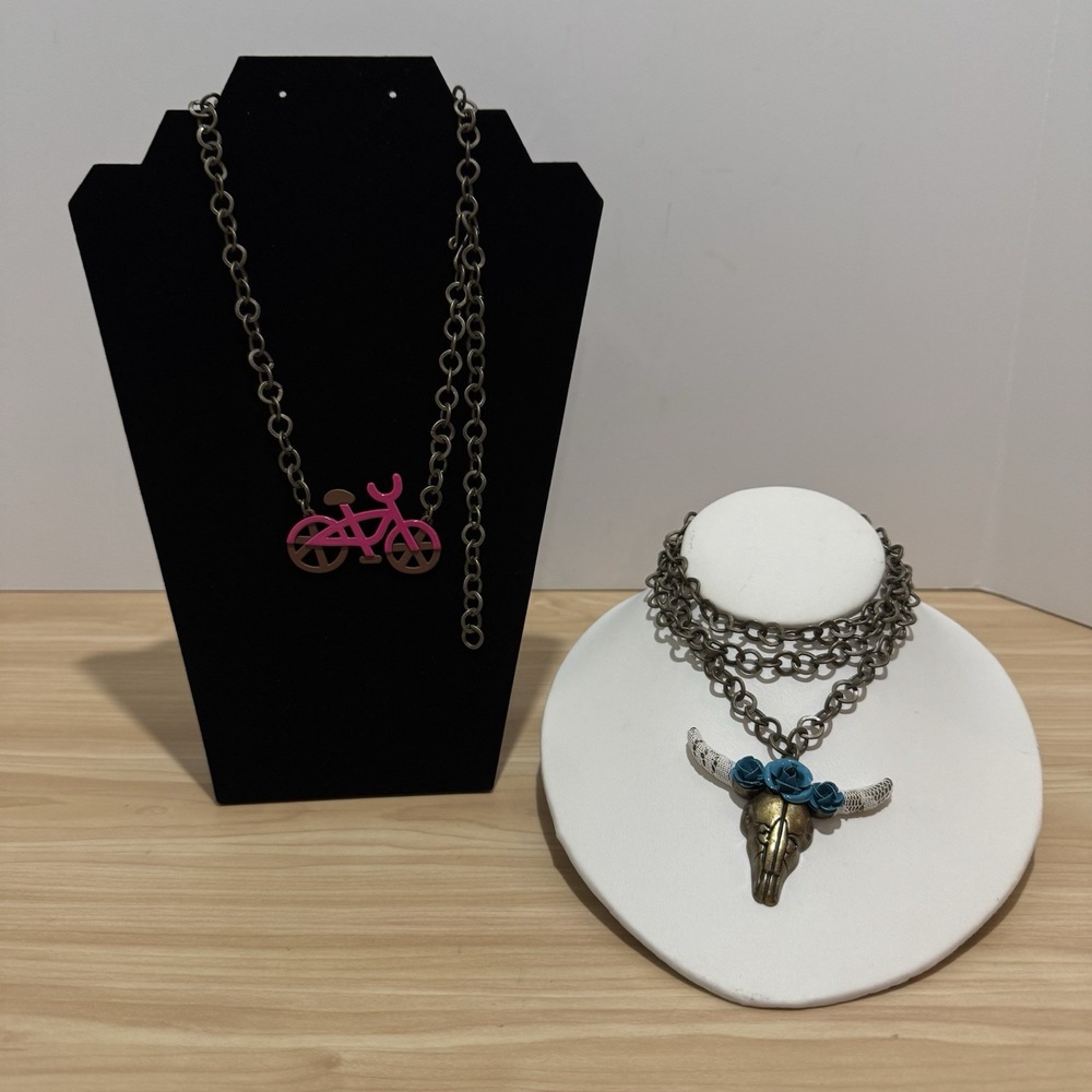 Metal Necklace Lot Longhorn Bull Skull Bicycle Western Coastal Eclectic Brassy